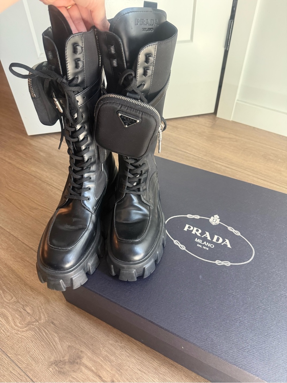 Prada Monolith Combat Moto Boots with 4 Detachable Pouches (2 featured in photo)